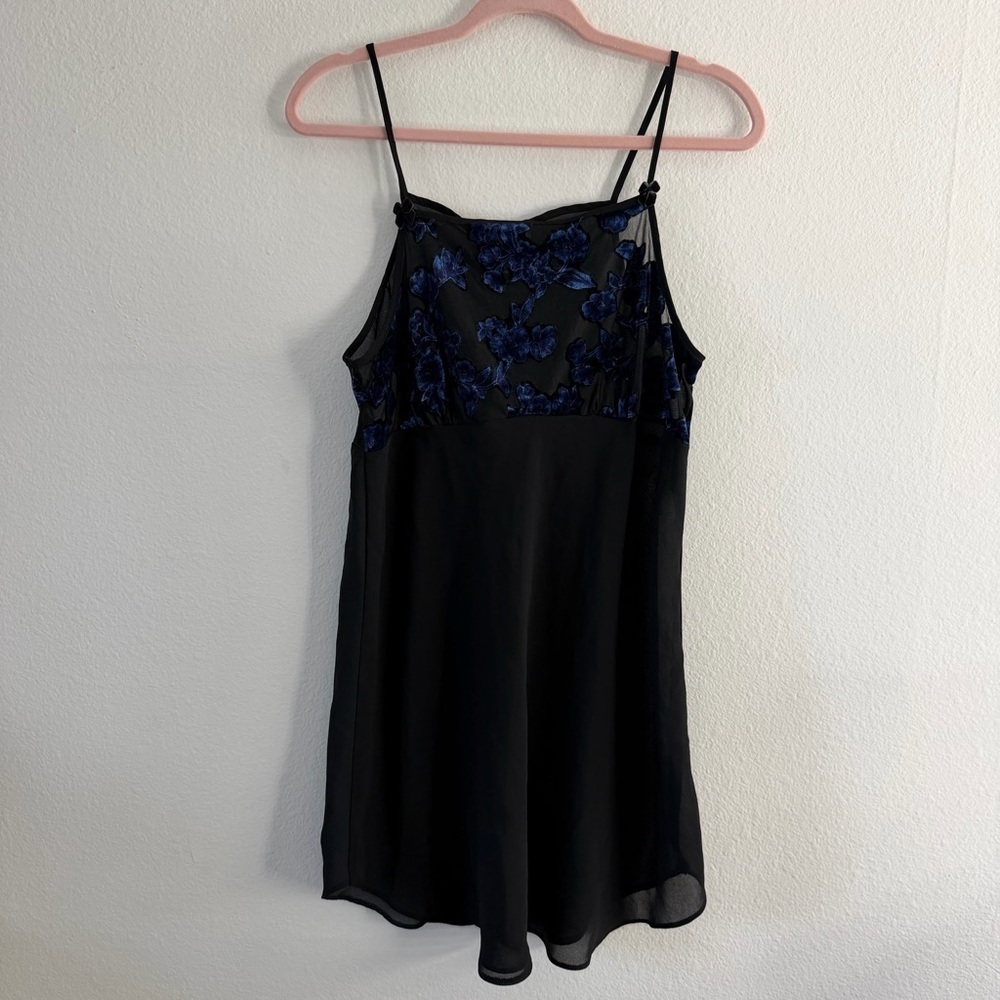 Vintage Cinema Etoile Crushed Velvet Black and Blue Floral Slip Chemise Lingerie